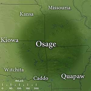 Map featuring traditional Osage lands by the late 17th century in the states of northwest Arkansas, southeast Kansas, southwest Missouri, and northeast Oklahoma