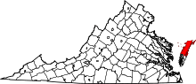 Map of Virginia highlighting Accomack County