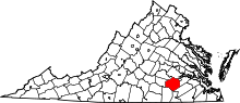 State map highlighting Dinwiddie&#32;County
