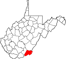 Map of West Virginia highlighting Monroe County