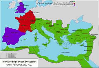 A colored map of the Gallic Empire in 260, showing the core territory of the Gallic Empire (red), loosely loyal territory of the Gallic Empire (purple), and the territory of the Roman Empire (green).