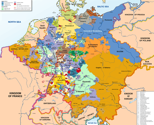 map of the Holy Roman Empire (central Europe) in 1789 showing the several hundred states, in different colours