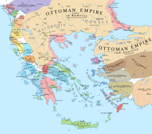 Map of western Anatolia, the Aegean, and the southern Balkans, with states marked by different colours, and the main cities of the period and rivers