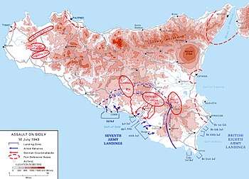Topographical map of Sicily, with details of landing areas and Axis positions