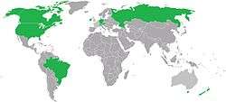 World map with the United States, Canada, Brazil, Ireland, Northern Ireland, Germany, Switzerland, Austria, Liechtenstein, Russia, Tasmania, and New Zealand highlighted.