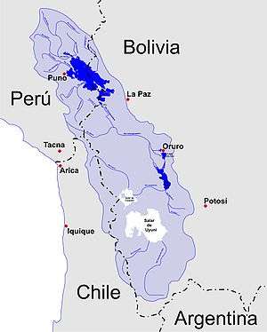 Altiplano drainage basin overlaid on present Peru, Bolivia, Chile and Argentina