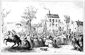 An illustration of marchers passing by cheering crowds