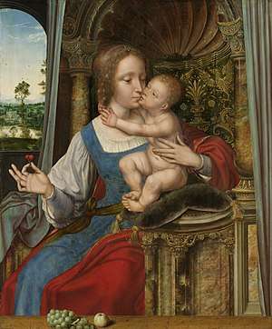 An oil painting of the Madonna and Child enthroned - they are kissing