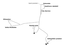 Trolleybus network map with the old decommissioned line to Lesní pramen (dotted)