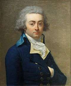 Painting of a gray-haired man with round eyes with his left hand tucked into his coat like Napoleon. He wears a dark blue coat with two rows of buttons. A frilled shirt front is exposed at the collar.