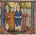 A bishop puts the hands of a crowned man and a crowned woman together