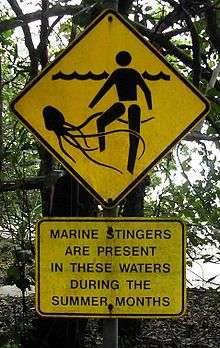A signpost warns swimmers of the presence of Chironex fleckeri (box jellyfish)