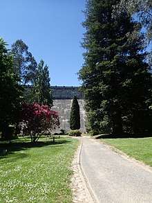 Photograph of the dam wall of the Maroondah Reservoir park, with ornamental trees in front of it.