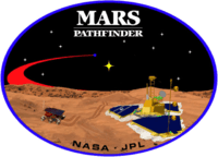 An image inside an oval, depicting two spacecraft, one a lander, and one a rover, on the surface of Mars. The words "Mars Pathfinder" are written on the top and the words "NASA&nbsp;&middot;&#32;JPL" are written on the bottom.