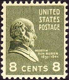 Historical 8-cent stamp with Van Buren's profile.