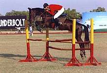 A dark brown horse ridden by a man in a red jacket and white pants, in mid-air over a jump