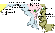 Map of Maryland with counties showing the different Girl Scout Councils