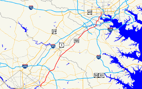 The Baltimore–Washington Parkway highlighted in red runs southwest to northeast from Washington to Baltimore, intersecting an interstate just to the northeast of Washington and two more to the southwest of Baltimore.