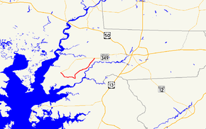 A map of Wicomico County, Maryland showing major roads.  Maryland Route 349 runs from Bivalve to Catchpenny.