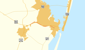 A map of northeastern Worcester County showing major roads.  Maryland Route 707 runs is the old alignment of US 50 between Berlin and Ocean City.