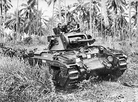 An armoured vehicle moves through a palm grove