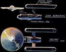 An overhead and side elevation of the starship Enterprise.