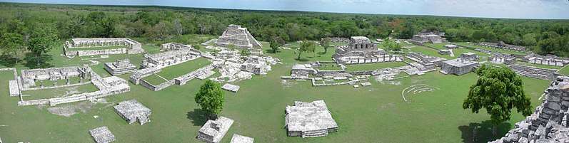 A panorama of the Mayapan excavations from the top of the Castle of King Kukulcan.