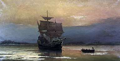 A painting depicting a ship partly encrusted in snow and ice at anchor in a calm harbor. A small boat full of men is moving away from the ship.