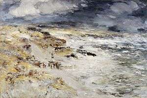 Painting of a sea shore in a rough weather.