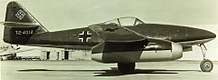 Right side view of aMesserschmitt 262 jet fighter captured by the United States Army Air Forces on the ground.