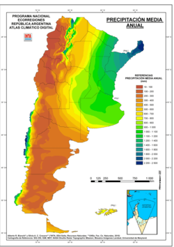 Map showing mean annual precipitation in Argentina in millimetres according to Instituto Nacional de Tecnología Agropecuaria. Precipitation is the highest in the northeast and in the western parts of Patagonia while they are the lowest in most of western Argentina.