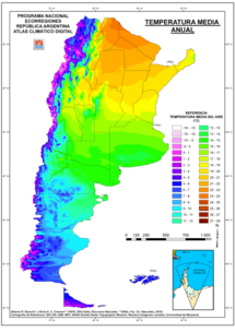 Map showing mean temperatures in Argentina (including Falkland Islands). Mean annual temperatures range from more than 22&nbsp;°C (71.6&nbsp;°F) in the center north to between 4&nbsp;°C (39.2&nbsp;°F) in the south and extreme western parts of the country. Temperatures generally decrease southwards and westwards owing to a higher latitude and altitude.