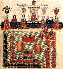 Illustration of a medieval parliament with the king and his lords and bishops.
