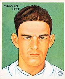 An unsmiling, dark-haired man with large ears; above his head, it reads "Melvin Ott"