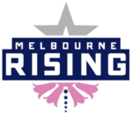 A central banner with the name "Melbourne Rising" on two lines in white capitals on a navy blue background. Above and behind the banner is the top half of a large rising star, outlined in grey; and below the banner, four Pink Heath flowers arranged in profile and a line of five stars in navy blue.