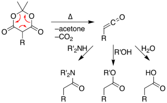 Reaction of the pyrolysis-product ketene with amines, hydroxyl compounds, or water gives amides, esters, or carboxylic acids respectively