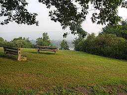 A bench and a picnic table on a grassy slope with a lake visible through trees in the distance