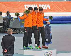 Jan Blokhuijsen, Sven Kramer and Jorrit Bergsma atop the podium with their Olympic medals