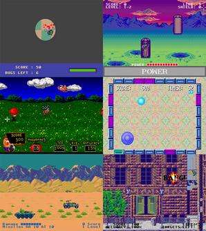 Screenshots of six minigames (clockwise): a black screen with visible circle showing bugs eating a pizza; a purple, blue, and green space setting with craters and coffin-shaped pods reveal aliens; two-tone rectangles form a rectangle around a puck and a controllable mallet against a psychedelic backdrop; a street scene shows a brownstone apartment building with a "BANG" explosion in a window; a desert setting with mountain backdrop has green tanks and armored vehicles in the foreground; a tomato hurtles towards characters in a vivid and colorful field