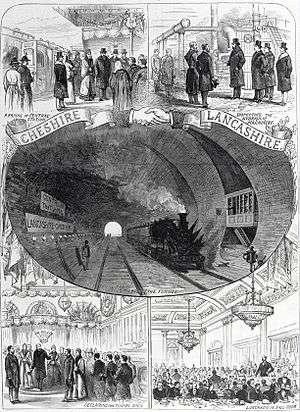 A montage showing the arrival at Birkenhead Central, inspection of the hydraulic machinery, the Royal Train passing through the tunnel, the declaration of the tunnel being open and a luncheon in the ball room.