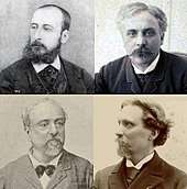 four head and shoulder photos of middle-aged nineteenth-century men in semi-profile. All are wearing suits and have facial hair.