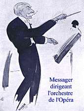 caricature of elderly man in evening dress conducting an orchestra