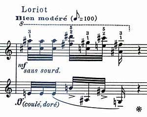 A fragment of printed piano music, labelled with the French word Loriot. The music is marked Bien modéré with a tempo of 100 quaver (quarter-note) beats per minute, "san sourd" on the upper stave and "coulé, doré" on the lower.