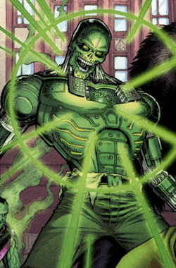 A robotic man with a green glow coming from his chest