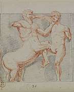 Ancient drawing of fight between a man and a centaur.