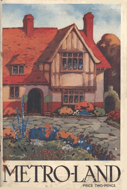 A painting of a half-timbered house set behind a drive and flower garden. Below the painting the title "METRO-LAND" is in capitals and in smaller text is the price of two pence.