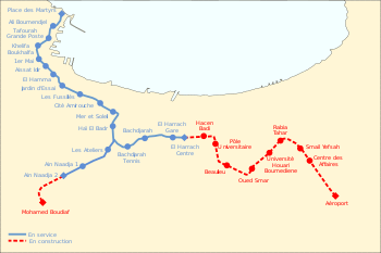 A map of Algiers metro lines currently in operation including stations under construction