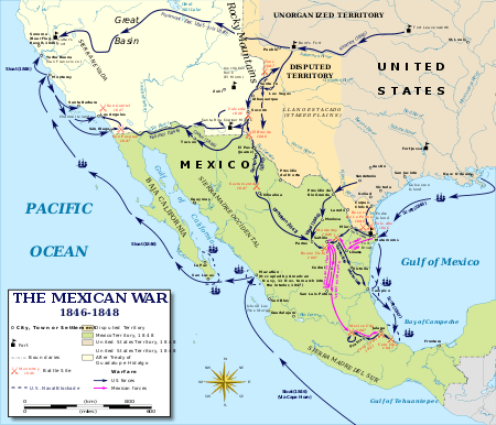 Map of the southwestern United States, including Texas, and also displaying Mexico, with the movements of the forces in the war marked on it