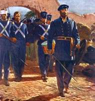 a formation of Marines wearing blue uniforms march through the gates of Mexico City, led by a drummer and officer with drawn sword