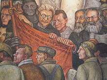 Detail of Man, Controller of the Universe, showing Leon Trotski, Friedrich Engels, and Karl Marx